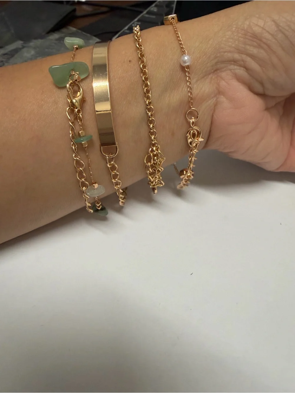 Gold Tone Mixed Bracelet Set with Green Stone Accents